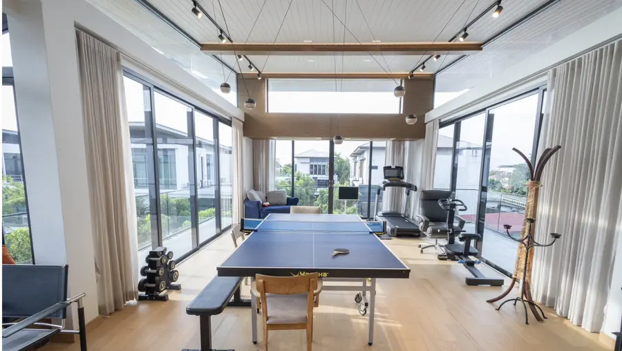 Glass-enclosed third-floor activity and fitness room