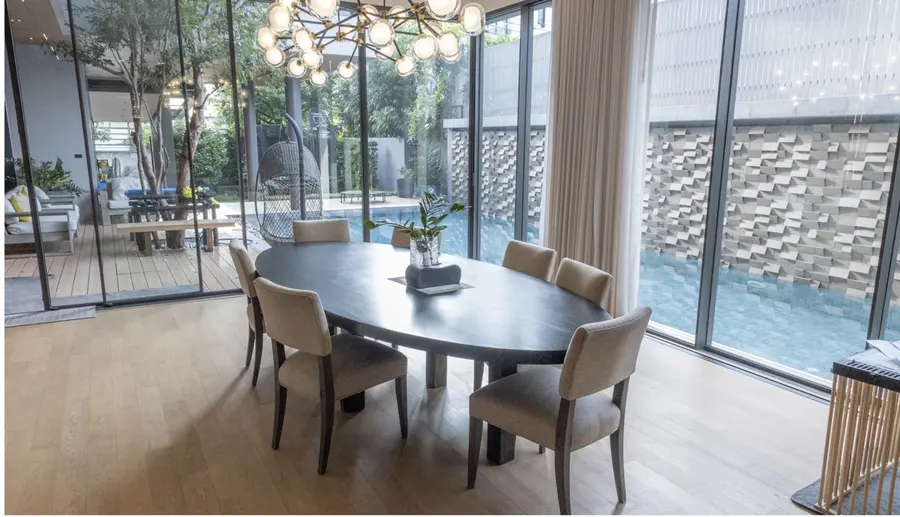 Dining room overlooking the private heated pool