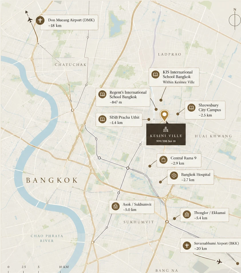 Map showing Kesinee Ville residence in Huai Khwang and proximity to international schools, Bangkok business districts, hospitals and both Bangkok airports.